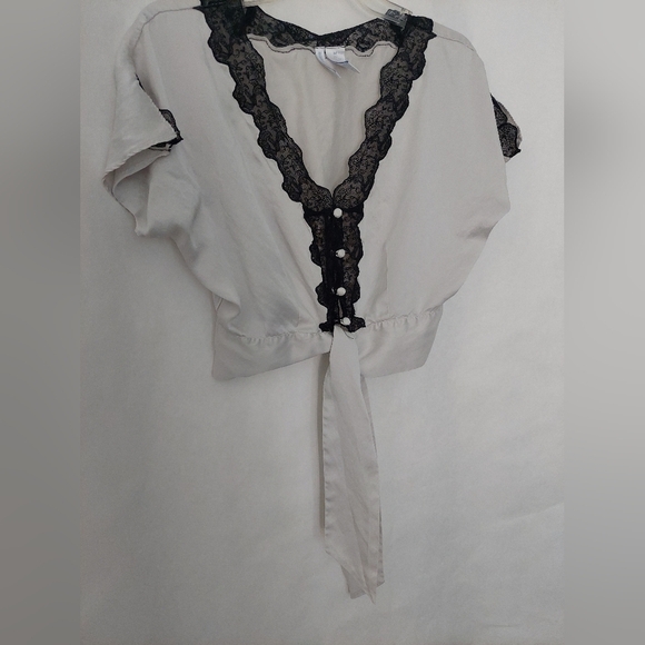 Willow Blossom Silk Grey Blouse with Black Lace Trim Size M - Picture 5 of 6